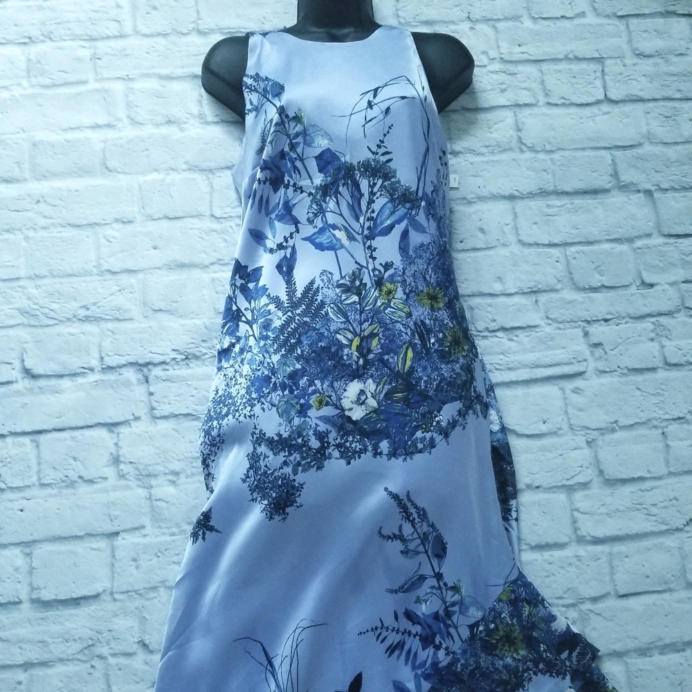 Lavender Blue Satin Floral Printed Maxi Slip Dress